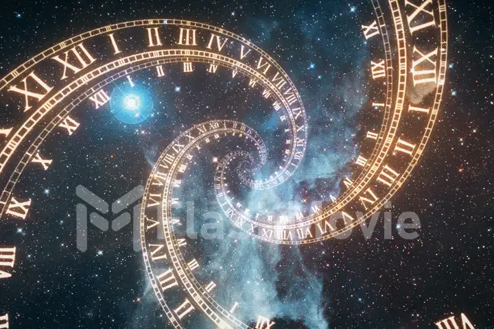 The composition of the space of time, the flight in space in a spiral of Roman clocks 3d illustration