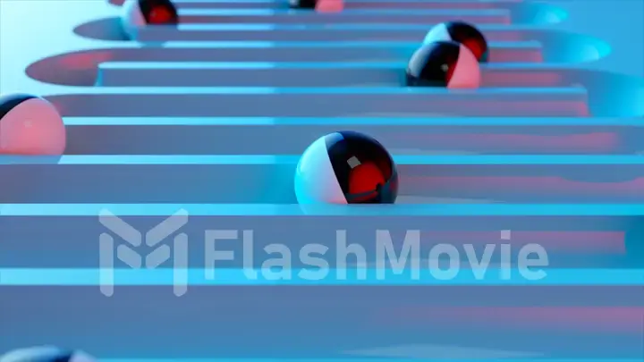 Bright colorful background with rolling balls along the paths. Plastic ball rolling in geometry deepening. 3d illustration