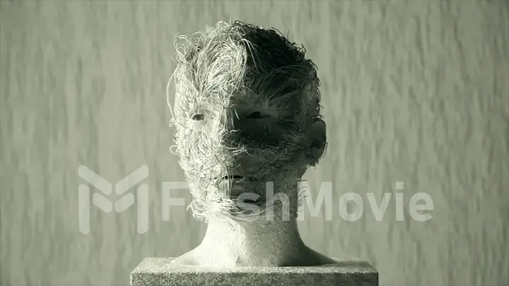 Antique concept. White plaster bust comes to life and turns its head, blinks and opens its mouth, white tangled threads