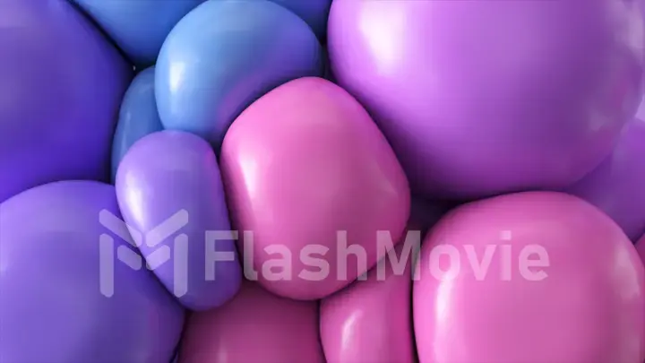 The blue purple spheres collide and change shape. Soft round flying balls. Abstract concept. Rubber. 3d illustration