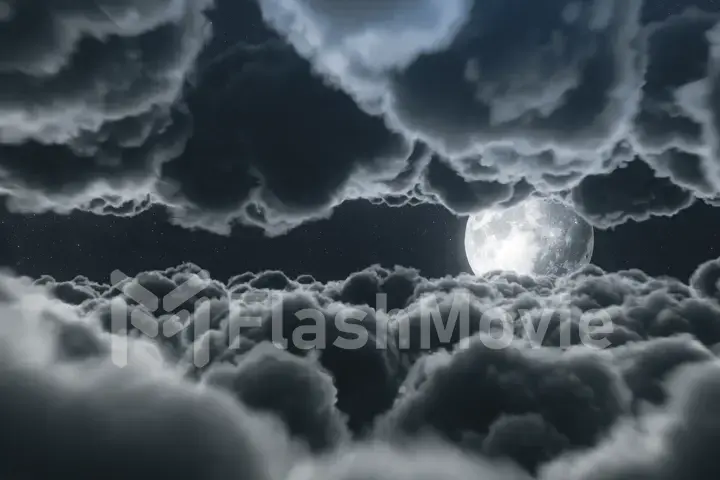 Beautiful realistic flight over cumulus lush clouds in the night moonlight. A large full moon shines brightly on a deep starry night. Cinematic scene. 3d illustration