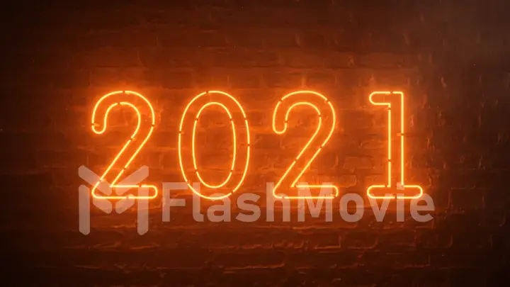 2021 fire orange neon sign background new year concept. Happy New Year. Brick background. Flicker light. 3d illustration