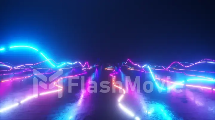 Flying over a colorful bright neon glowing graphic equalizer. World of music. Ultraviolet signal spectrum, laser show, energy, sound vibrations and waves.