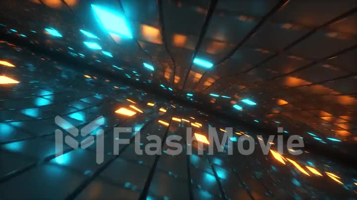 Flying in endless space of neon and metal cubes