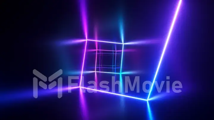 Endless flight in the corridor with a laser neon curve. Modern ultraviolet lighting. Blue purple light spectrum. 3d illustration