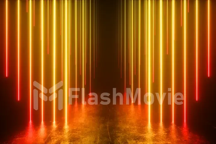 Endless corridor with neon lines tending up. Metal reflective scratched floor. 3d illustration. Modern colorful neon light spectrum