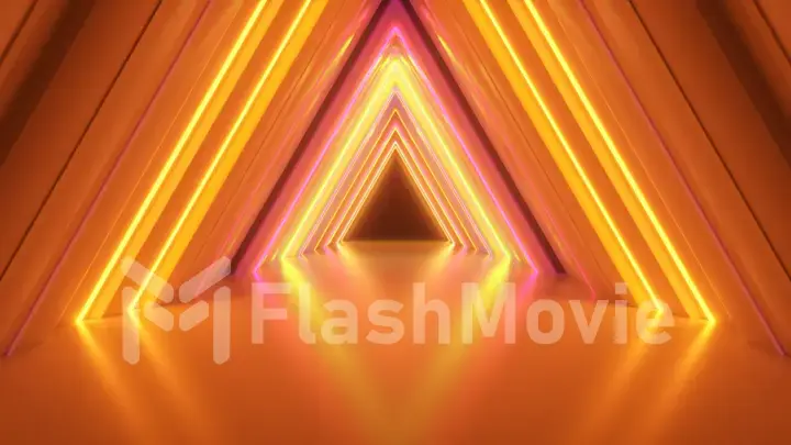 Abstract neon triangle tunnel technological. Endless swirling animated background. Modern neon light. Bright neon lines sparkle and move forward. 3d illustration