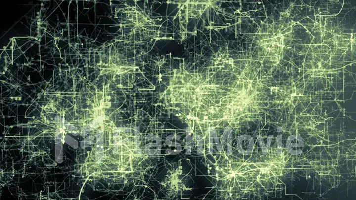 Light green lines drawn by bright spots eventually create an abstract image of a circuit board.