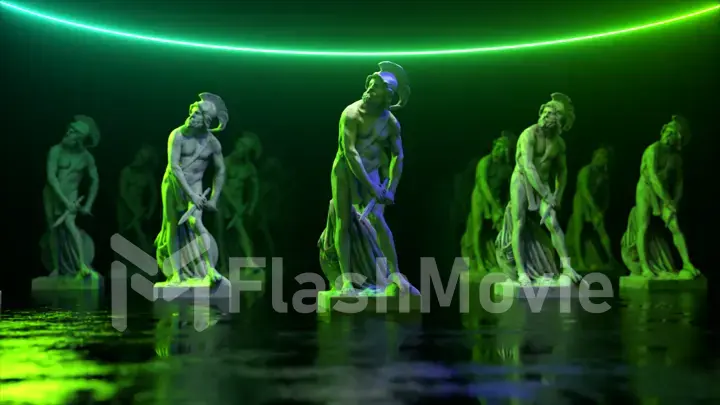 Philopoemen Sculpture illuminated by neon light. Museum art object obtained by 3D scanning. Retro futuristic design. 3d illustration