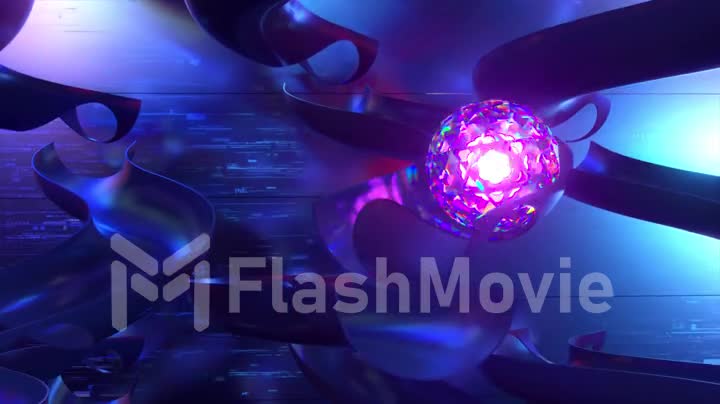 Shiny diamond sphere rolls down a futuristic vertical maze. Blue color. 3d animation