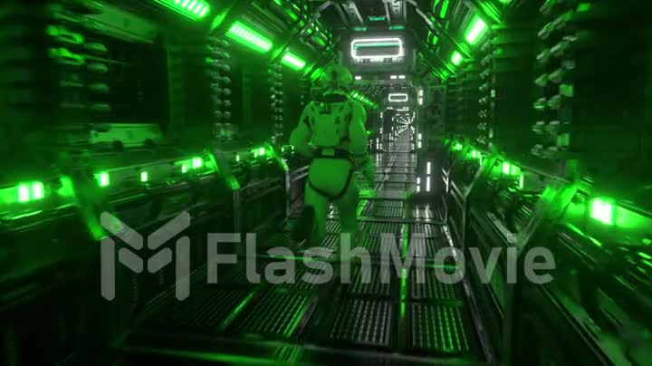 Astronaut runs through a tunnel to another compartment of the space gate. Spaceship and technology concept. 4k animation of seamless loop