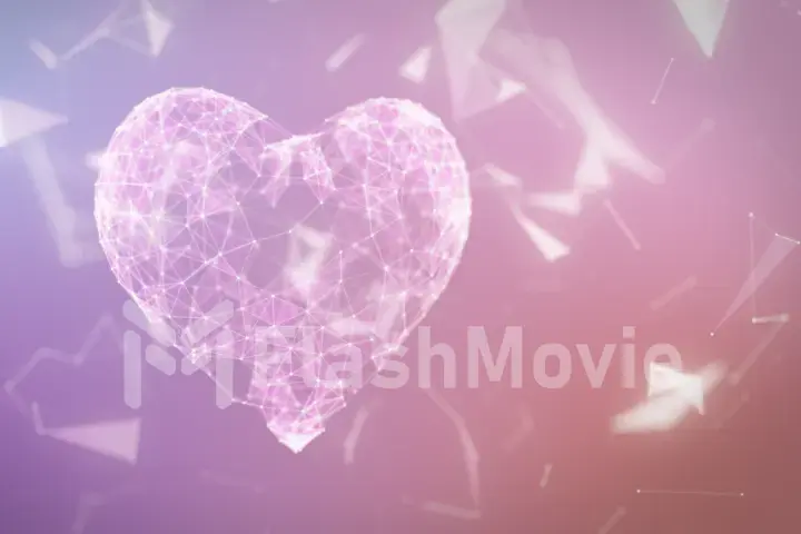 The digital heart icon is formed from particles in a network cloud of lines and dots in pastel tones. The heart of technology 3d illustration