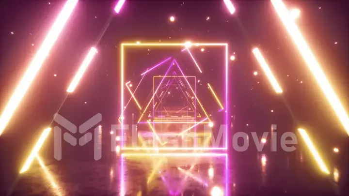 Flying through glowing neon triangles with metal floor creating a tunnel with fog, yellow pink violet spectrum, fluorescent ultraviolet light, modern vj colorful lighting, 3d illustration