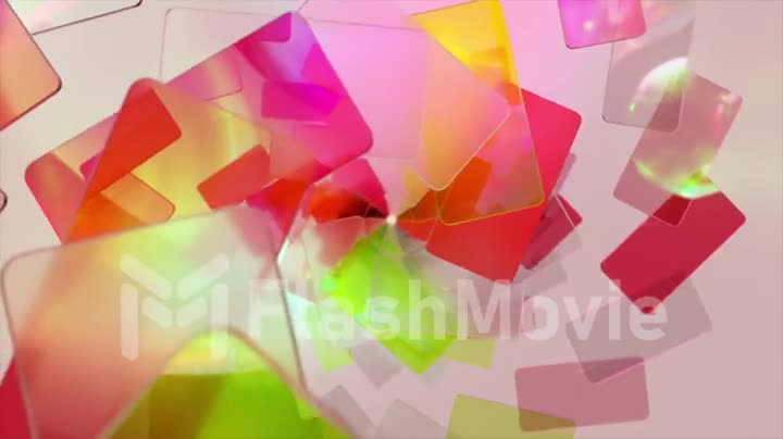 Brightly colored plastic cards fall from above in a spiral path. Pink red green color. 3d animation of a seamless loop.