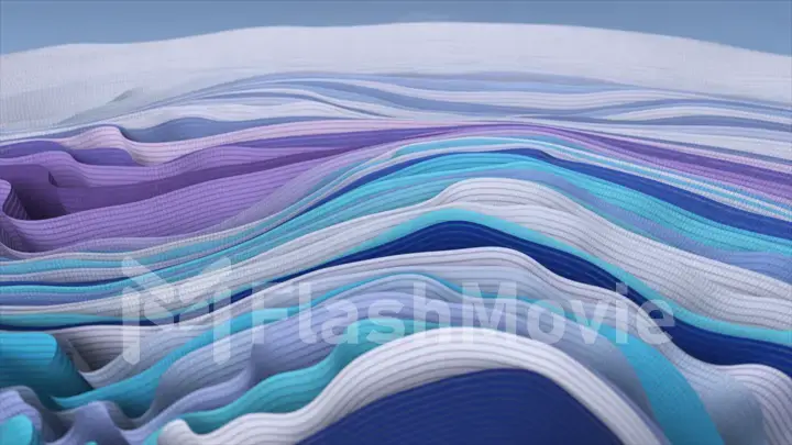 Multi-colored ribbons sway in wave-like movements. Fabric folds. Blue, white, purple, color. Slow motion. 3d illustration