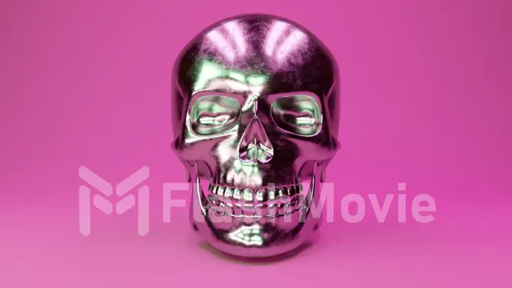 A scratched metal human skull glamorous pink background. 3d illustration