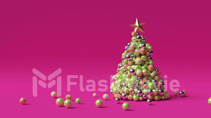 A tree of Christmas balls is growing dynamically on a bright colorful pink background. 3d animation