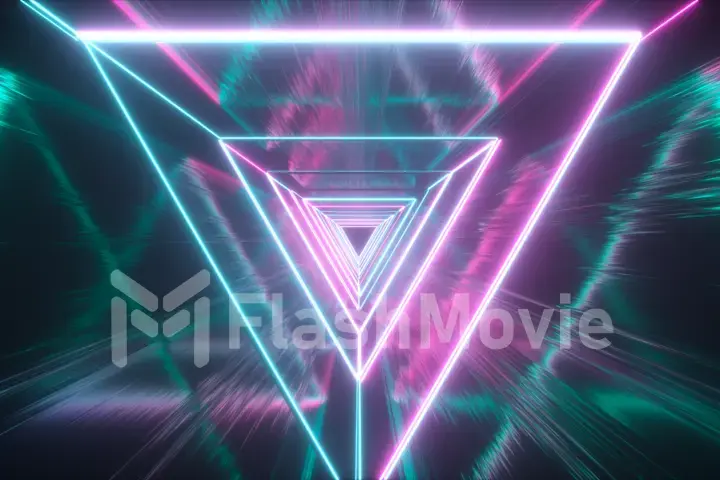 Flying through glowing neon triangles creating a tunnel with grunge reflection, fluorescent ultraviolet light, modern colorful lighting, 3d illustration