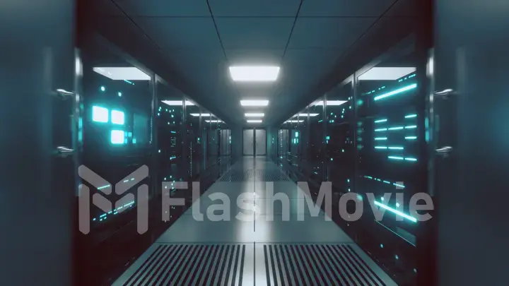 Endless flight along server blocks. Data center and internet. Server rooms with working flickering panels behind the glass. Technology corridor. 3d illustration