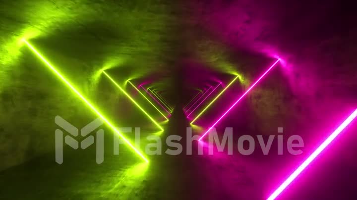 Flying in endless metal tunnel, abstract colorful neon background, ultraviolet light, glowing lines, virtual reality interface, frames, hud, pink blue spectrum, laser rays. Seamless loop 3d render