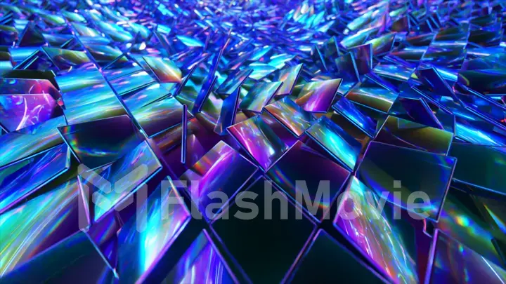 Abstract background of reflective holographic cubes creating a wave surface. Modern neon lighting, trendy background. 3d illustration