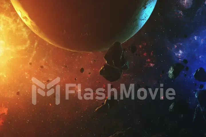 A beautiful colorful space with asteroids with sounds and a planet 3d illustration