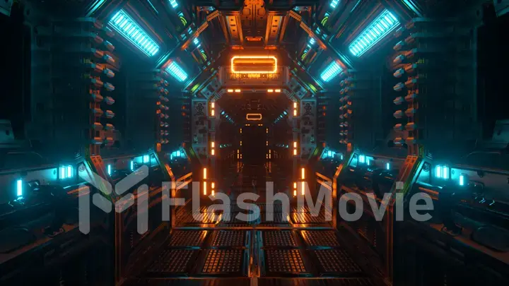 Flying in a spaceship tunnel, a sci-fi shuttle corridor. Futuristic abstract technology. Technology and future concept. Flashing light. 3d illustration