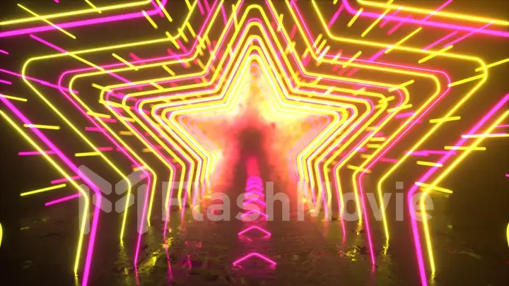 Abstract neon background. Neon stars and lines move through space. Reflection. Futuristic background. Neon traffic. 3d illustration