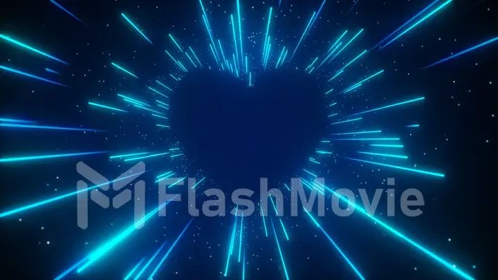 Flying in a blue futuristic neon heart-shaped tunnel. Abstract corridor with fast moving light lines. 3d illustration