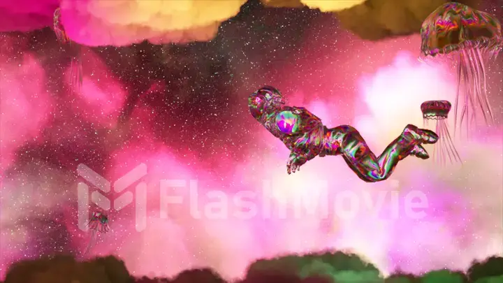 The astronaut floats between pink purple clouds surrounded by jellyfish. Space. Diamond suit. Milky Way. 3d animation