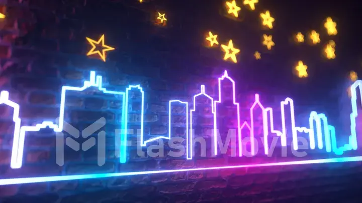 Shimmering neon night city against a brick wall with stars and the moon. Night city concept. 3d illustration