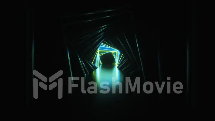 Abstract neon square tunnel technological. Endless swirling animated background. Modern neon light. Bright neon lines sparkle and move forward. 3d illustration