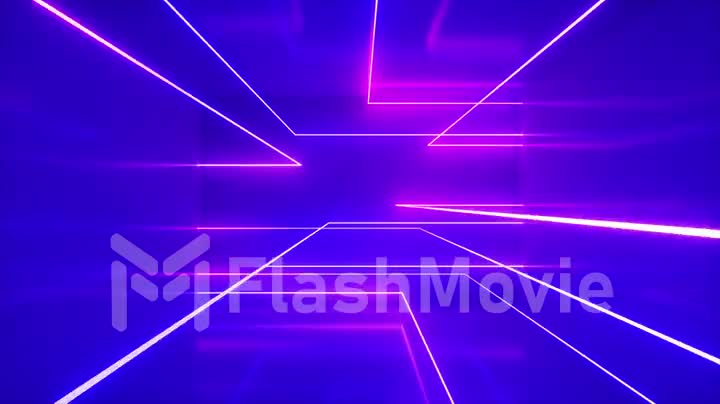 Abstract background, moving neon rays, luminous lines inside the room, fluorescent ultraviolet light, blue red pink violet spectrum, loop, seamless loop 3d render