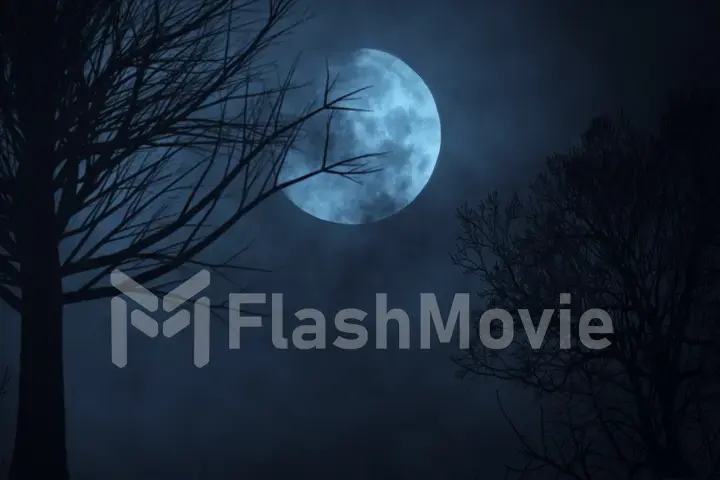 Dark night forest against full moon 3d illustration