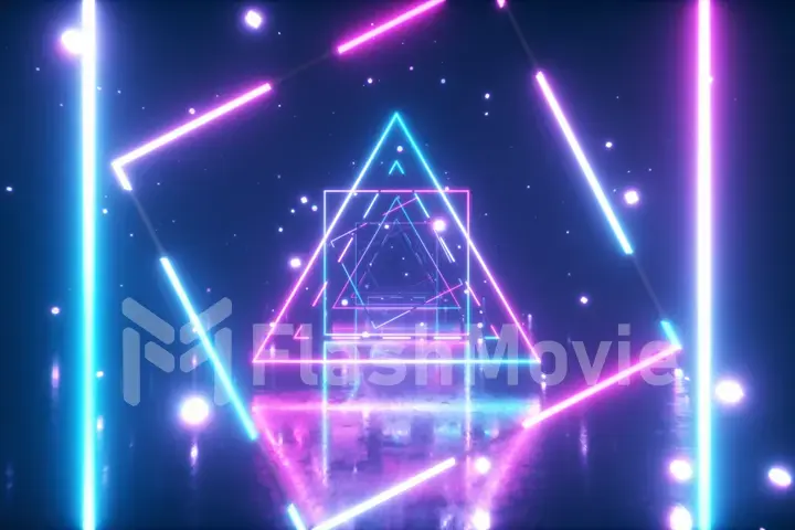 Abstract flight in space through glowing neon squares. Blue pink spectrum, fluorescent ultraviolet light. 3d illustration