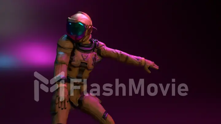 Disco party for an astronaut. Space suit. neon light. Modern dances. Large mirror helmet. 3d illustration