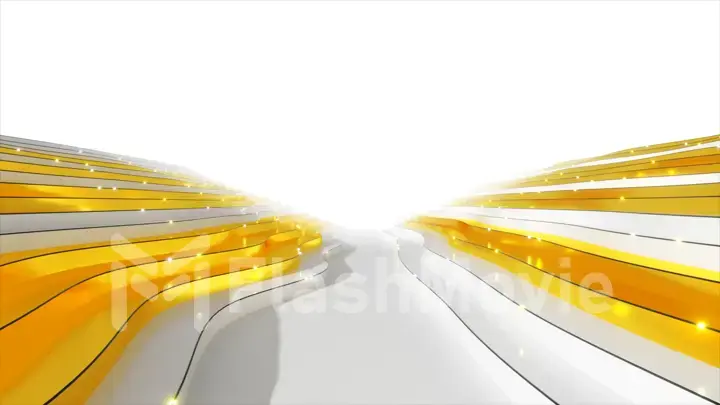 Abstract background from a wavy stepped surface. White and gold steps. Abstract background for business presentation. Fiber optic transmitting signals over the surface. 3d illustration