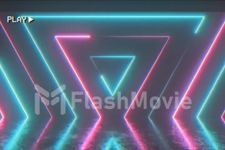 Abstract background from seamlessly appearing neon colorful triangle with noise artifacts pixelation posterization. Retro video effect, old 90s VHS videotape. 3d illustration