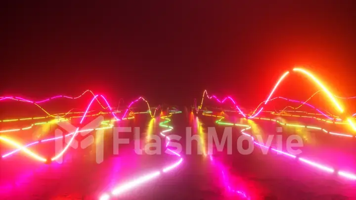 Flying over a colorful bright neon glowing graphic equalizer. World of music. Ultraviolet signal spectrum, laser show, energy, sound vibrations and waves.