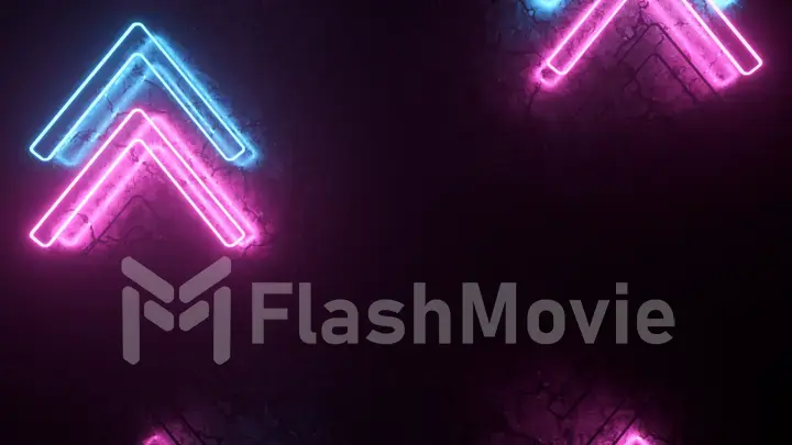 Bright neon arrows on a metal surface indicate the direction of movement. Abstract laser background. 3d illustration