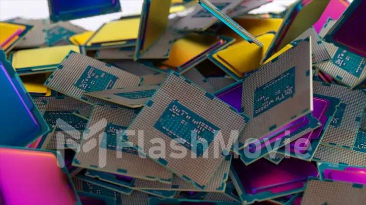 Many square rainbow chips fall from above into a pile of chips. Computer. AI. CPU. Blue, pink neon color.