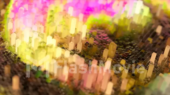 Abstract wave surface consisting of blocks moves in a random chaotic order. Pink yellow color. 3d Illustration
