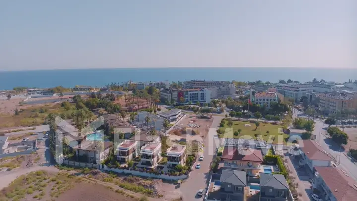 Top view. Panoramic view of the resort town. Sea on the horizon. Photography. Beautiful seascape.