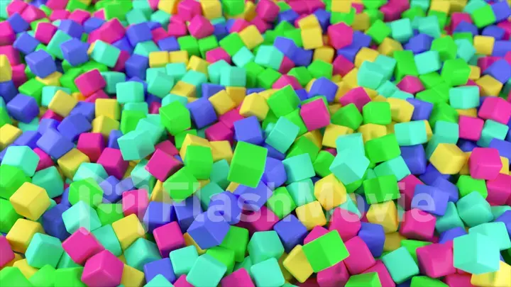 Colorful 3D illustration from a pile of abstract multicolored cubes rolling and falling from top to bottom.