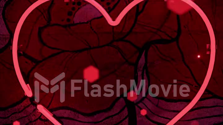 Red neon heart blinking. Red diamond-shaped particles fly around. Abstract drawing of a flower in the background.