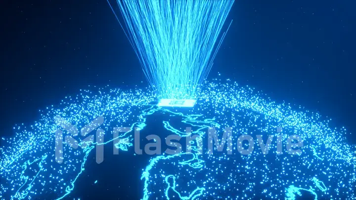 CPU technology background. 3D illustration A powerful processor on the planet earth emits a data stream up into space. Colorful blue digitizing process. Data transmission, futuristic industry.