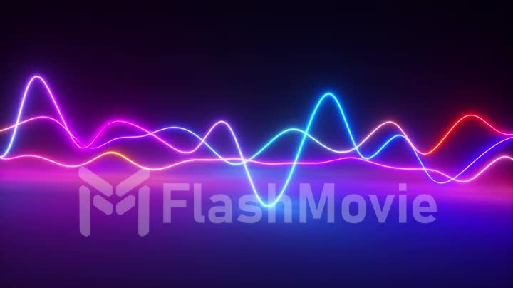 Colorful bright neon glowing graphic equalizer. Ultraviolet signal spectrum, laser show, energy, sound vibrations and waves. Seamless loop 3d render