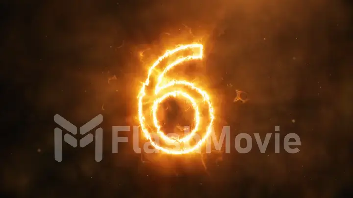 Realistic fire countdown with smoke and cloud. The fire counts from ten to zero. Abstract epic counter 3d illustration. Number 6