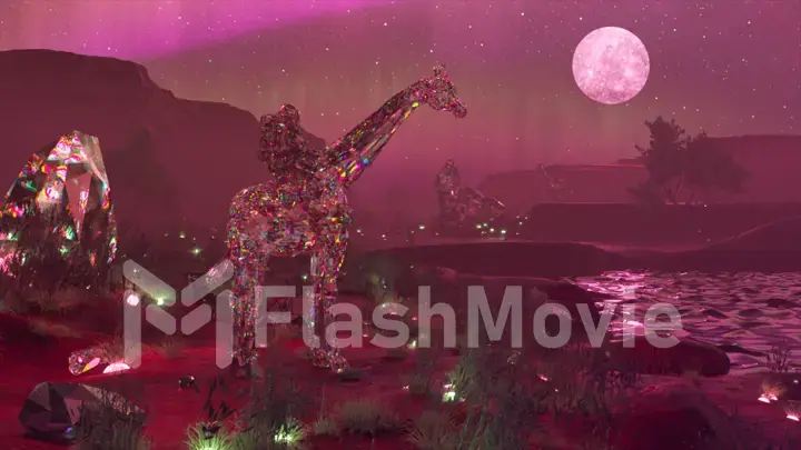 Diamond astronaut riding a giraffe stands near a pond. Purple neon color. Moon in the night sky.