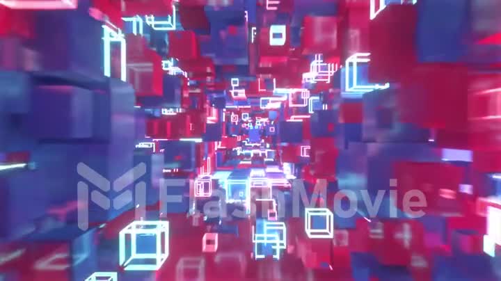 Flying in abstract motion space of colorful red and blue cubes with neon glowing cubes. Seamless loop 4k animation